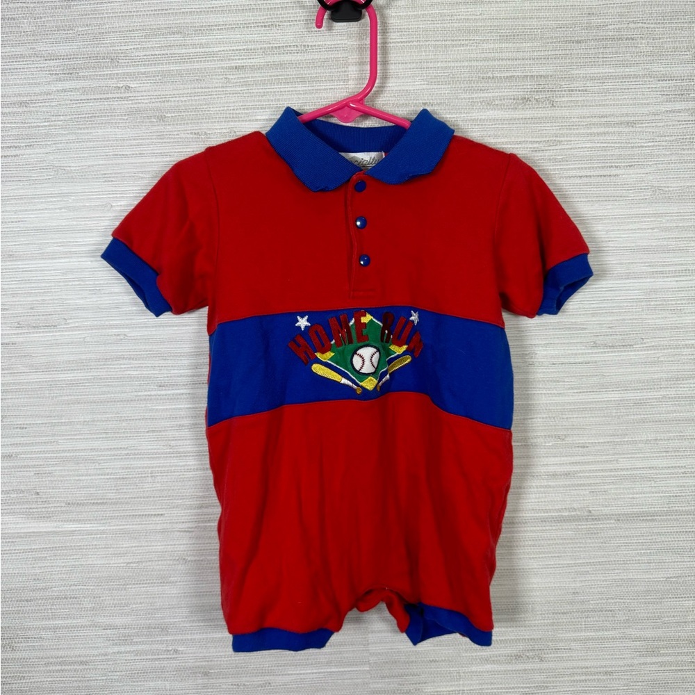 Vintage Specialty Kids Red & Blue Baseball Embroidered Romper Size 24 Months